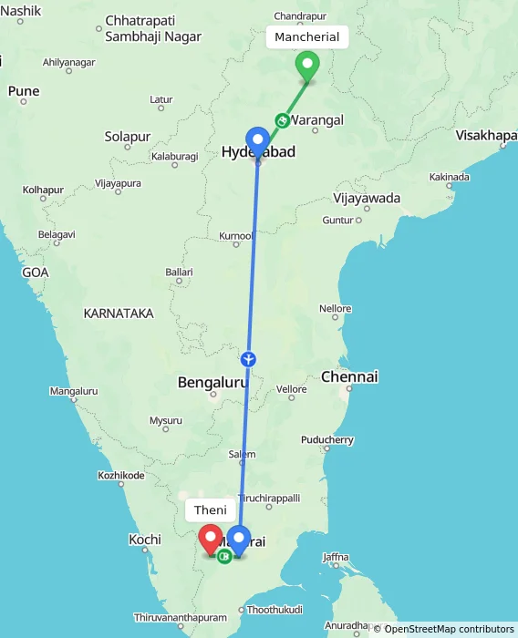 Route map showing distance and travel time from Mancherial, India to Theni, India