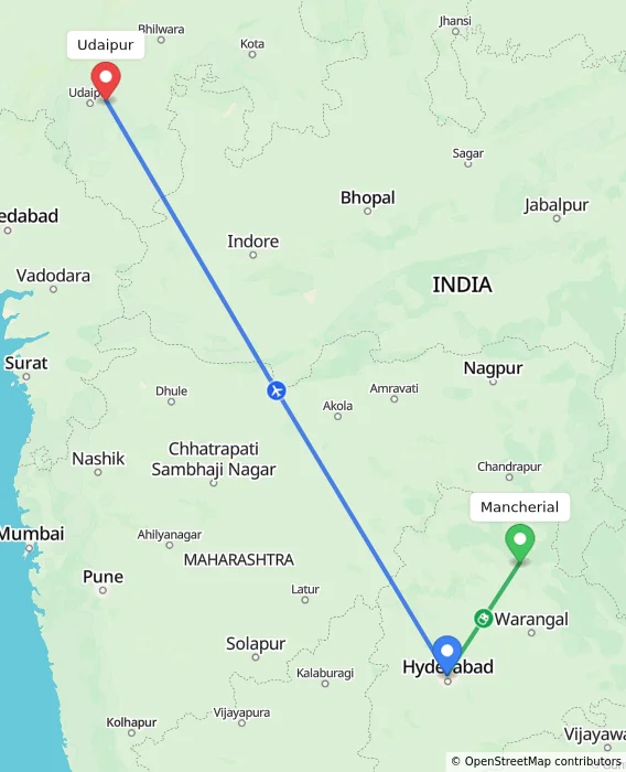 Route map showing distance and travel time from Mancherial, India to Udaipur, India