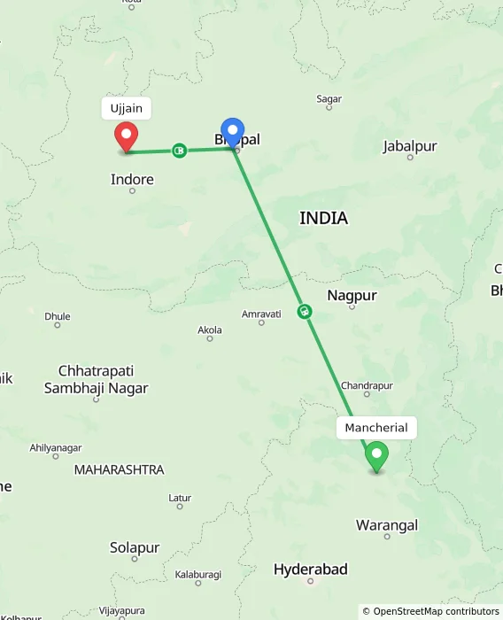 Route map showing distance and travel time from Mancherial, India to Ujjain, India