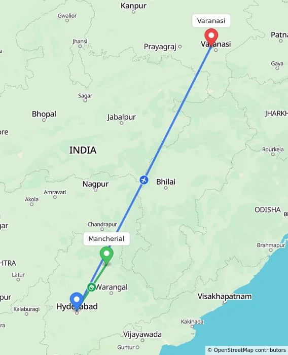 Route map showing distance and travel time from Mancherial, India to Varanasi, India