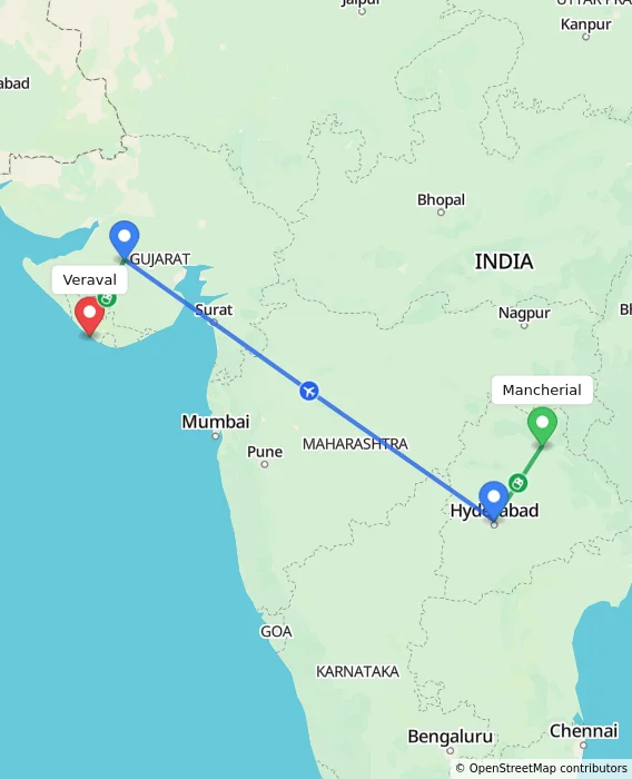 Route map showing distance and travel time from Mancherial, India to Veraval, India