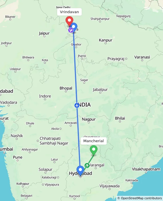 Route map showing distance and travel time from Mancherial, India to Vrindavan, India