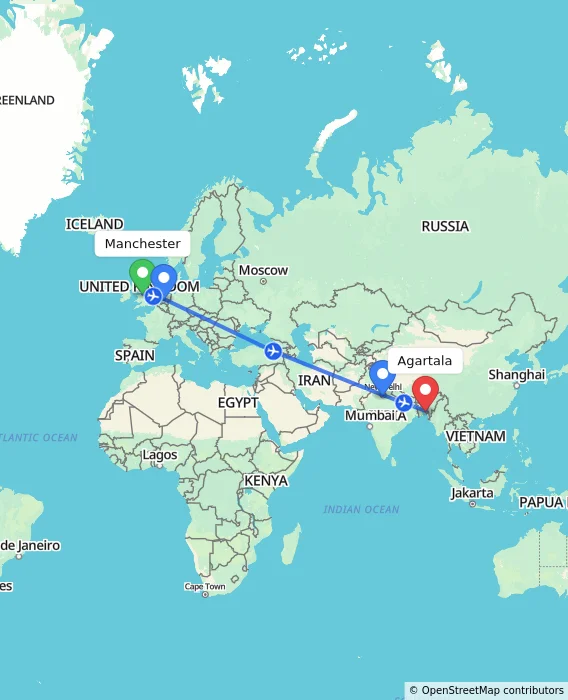 Route map showing distance and travel time from Manchester, United Kingdom to Agartala, India