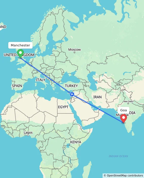 Route map showing distance and travel time from Manchester, United Kingdom to Goa, India