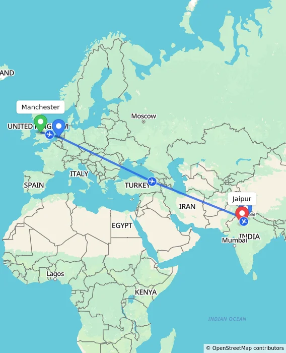 Route map showing distance and travel time from Manchester, United Kingdom to Jaipur, India