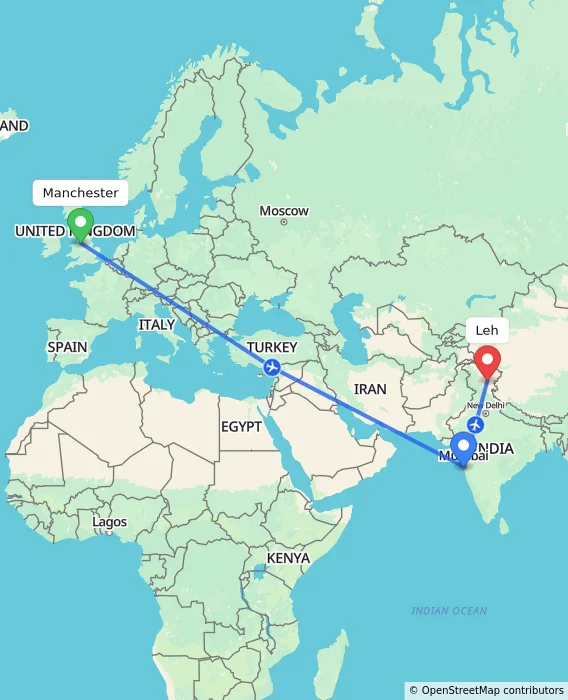 Route map showing distance and travel time from Manchester, United Kingdom to Leh, India