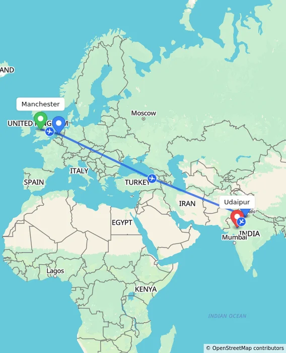 Route map showing distance and travel time from Manchester, United Kingdom to Udaipur, India