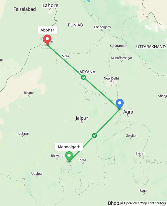 Route map showing distance and travel time from Mandalgarh, India to Abohar, India
