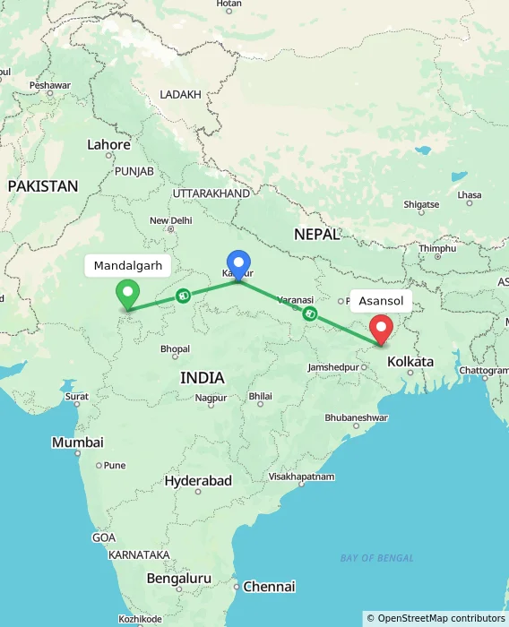 Route map showing distance and travel time from Mandalgarh, India to Asansol, India