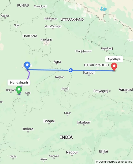 Route map showing distance and travel time from Mandalgarh, India to Ayodhya, India