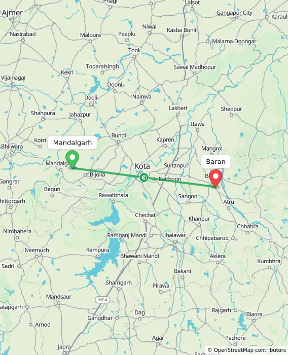 Route map showing distance and travel time from Mandalgarh, India to Baran, India