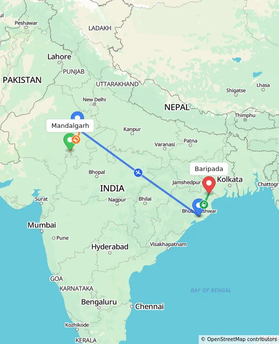 Route map showing distance and travel time from Mandalgarh, India to Baripada, India