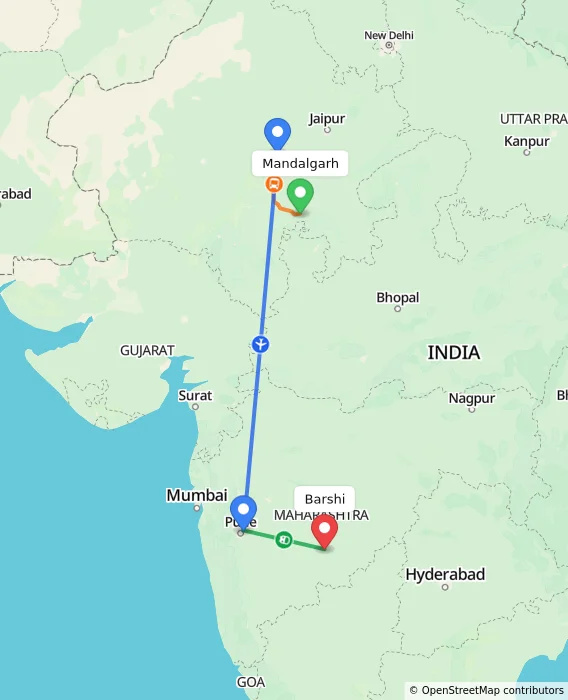 Route map showing distance and travel time from Mandalgarh, India to Barshi, India