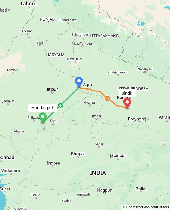 Route map showing distance and travel time from Mandalgarh, India to Bindki, India