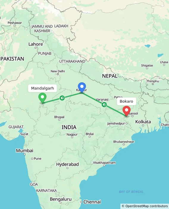 Route map showing distance and travel time from Mandalgarh, India to Bokaro, India