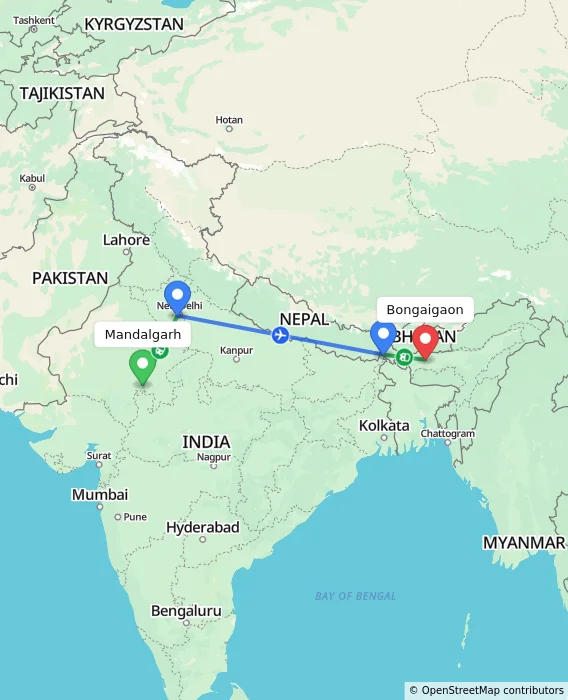 Route map showing distance and travel time from Mandalgarh, India to Bongaigaon, India