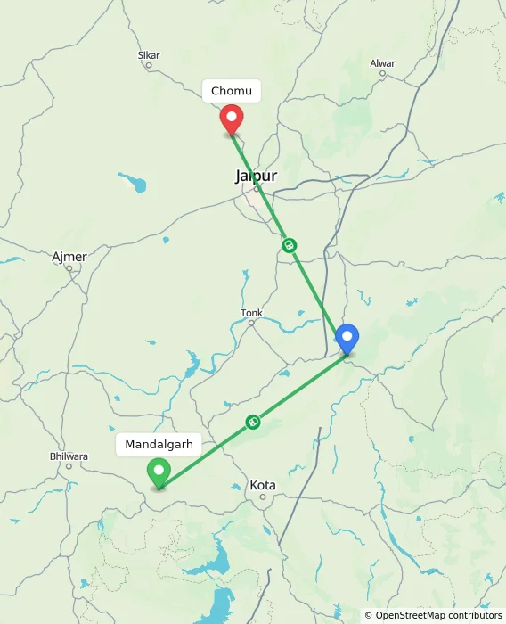 Route map showing distance and travel time from Mandalgarh, India to Chomu, India