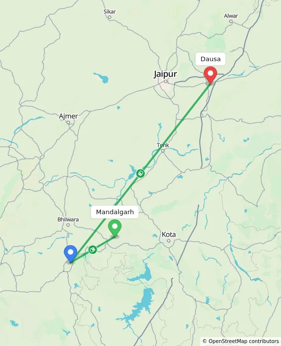 Route map showing distance and travel time from Mandalgarh, India to Dausa, India