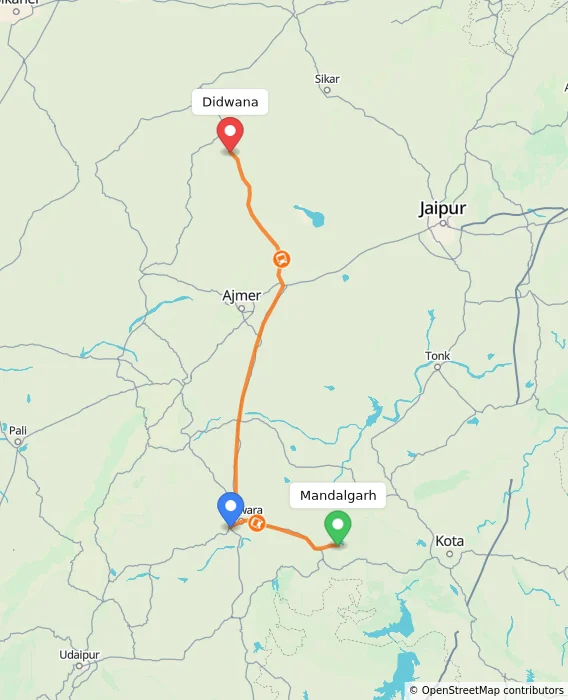 Route map showing distance and travel time from Mandalgarh, India to Didwana, India
