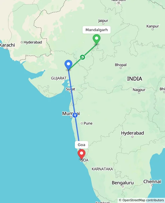 Route map showing distance and travel time from Mandalgarh, India to Goa, India