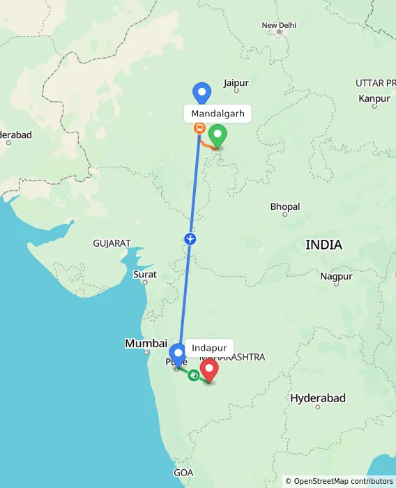 Route map showing distance and travel time from Mandalgarh, India to Indapur, India