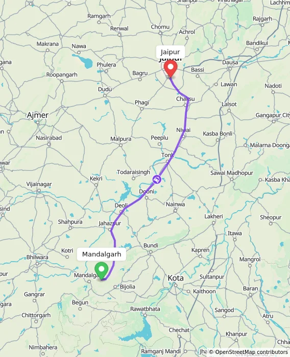 Route map showing distance and travel time from Mandalgarh, India to Jaipur, India