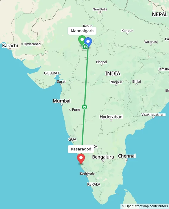 Route map showing distance and travel time from Mandalgarh, India to Kasaragod, India