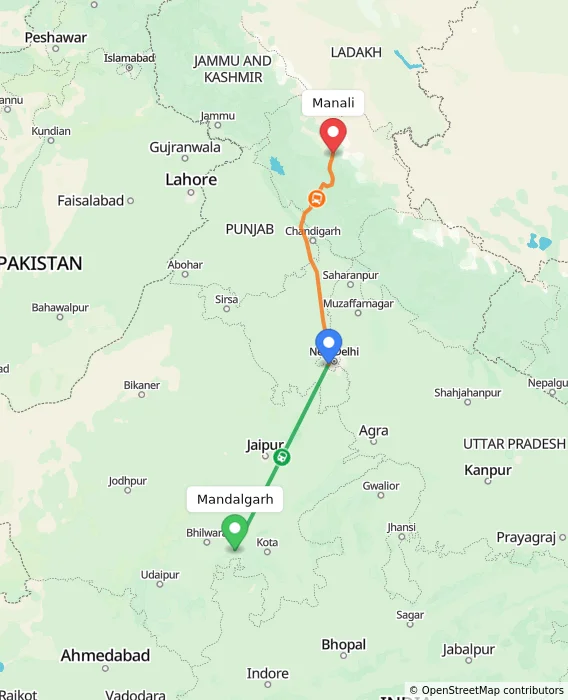 Route map showing distance and travel time from Mandalgarh, India to Manali, India