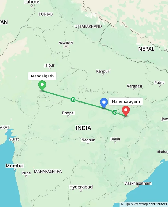 Route map showing distance and travel time from Mandalgarh, India to Manendragarh, India