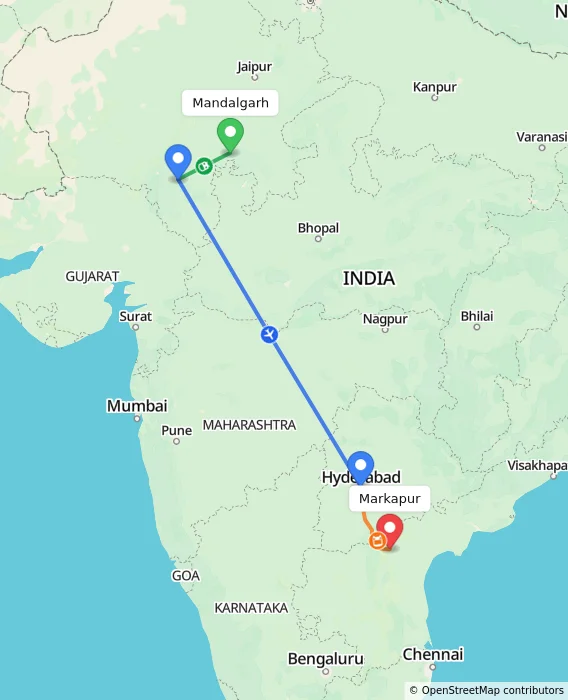Route map showing distance and travel time from Mandalgarh, India to Markapur, India