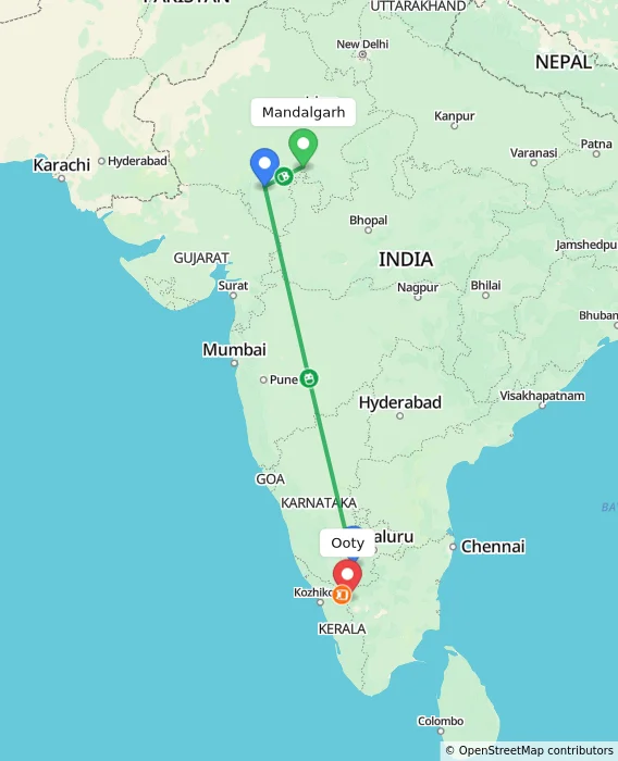 Route map showing distance and travel time from Mandalgarh, India to Ooty, India