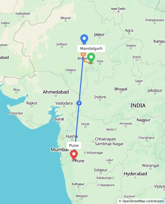 Route map showing distance and travel time from Mandalgarh, India to Pune, India