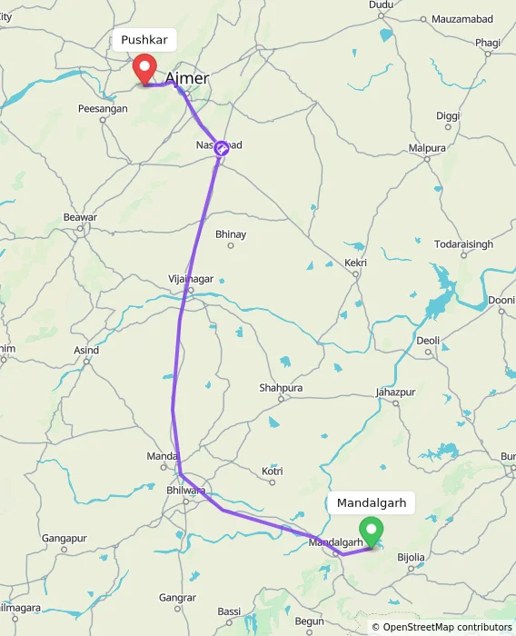 Route map showing distance and travel time from Mandalgarh, India to Pushkar, India