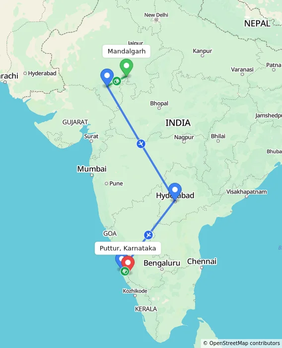 Route map showing distance and travel time from Mandalgarh, India to Puttur, Karnataka, India