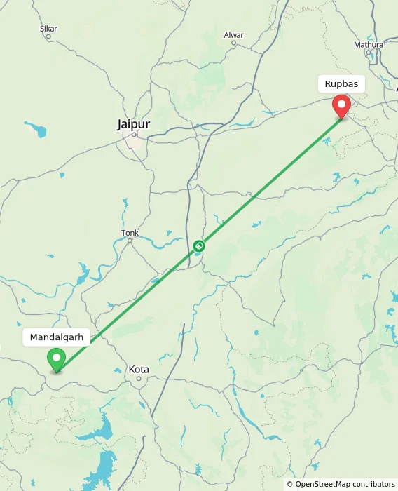 Route map showing distance and travel time from Mandalgarh, India to Rupbas, India