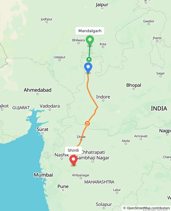 Route map showing distance and travel time from Mandalgarh, India to Shirdi, India