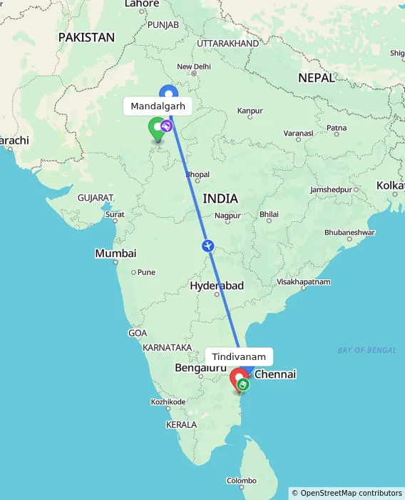 Route map showing distance and travel time from Mandalgarh, India to Tindivanam, India