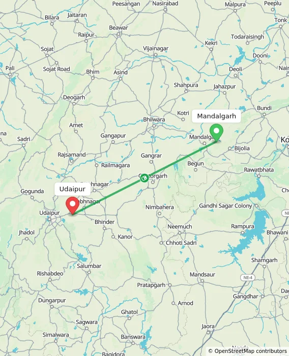 Route map showing distance and travel time from Mandalgarh, India to Udaipur, India
