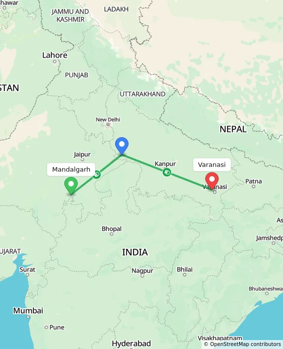 Route map showing distance and travel time from Mandalgarh, India to Varanasi, India