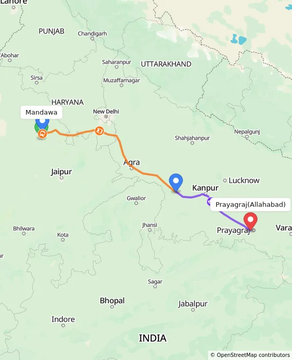 Route map showing distance and travel time from Mandawa, India to Allahabad, India
