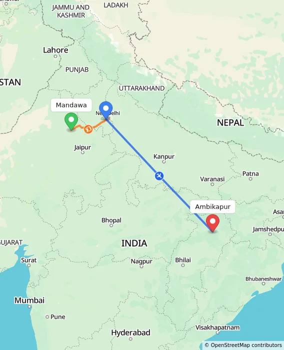 Route map showing distance and travel time from Mandawa, India to Ambikapur, India