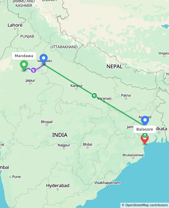 Route map showing distance and travel time from Mandawa, India to Balasore, India