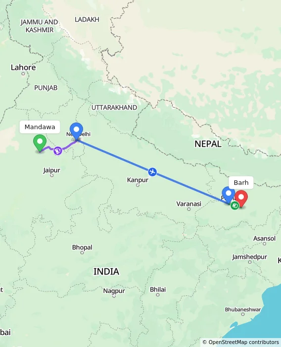 Route map showing distance and travel time from Mandawa, India to Barh, India