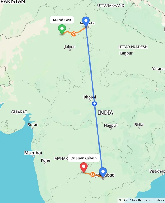 Route map showing distance and travel time from Mandawa, India to Basavakalyan, India