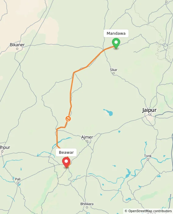 Route map showing distance and travel time from Mandawa, India to Beawar, India