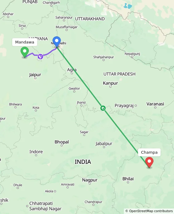 Route map showing distance and travel time from Mandawa, India to Champa, India