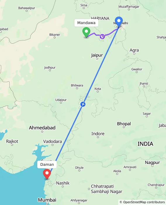 Route map showing distance and travel time from Mandawa, India to Daman, India