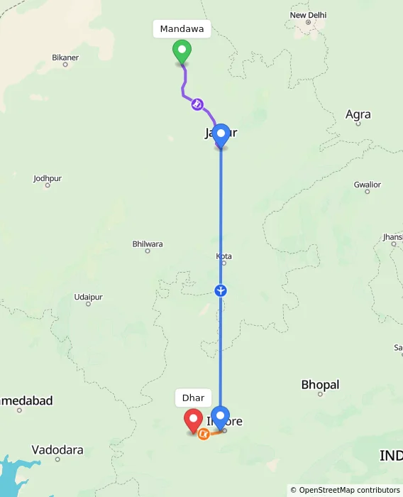 Route map showing distance and travel time from Mandawa, India to Dhar, India
