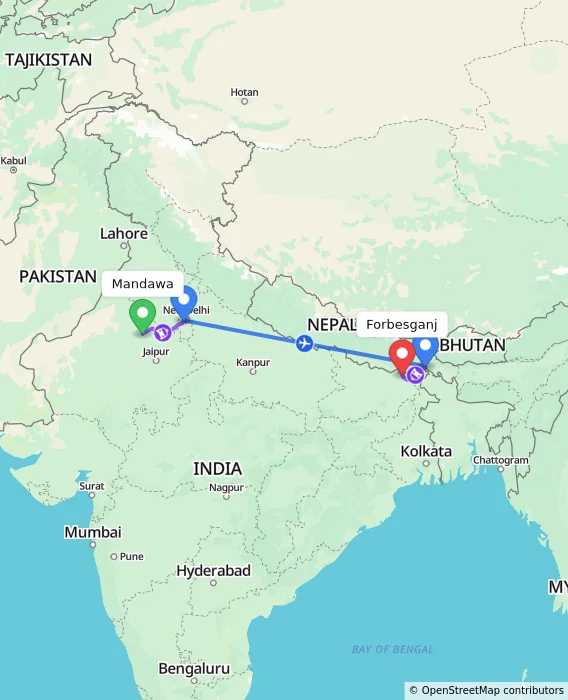 Route map showing distance and travel time from Mandawa, India to Forbesganj, India