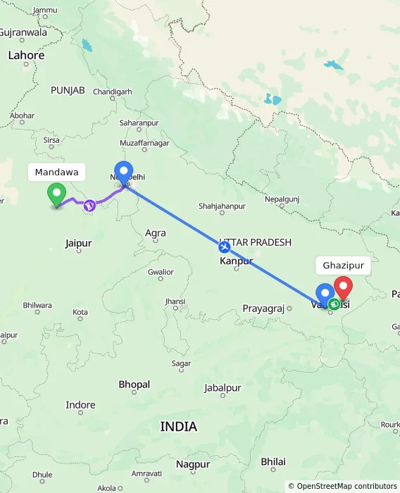 Route map showing distance and travel time from Mandawa, India to Ghazipur, India